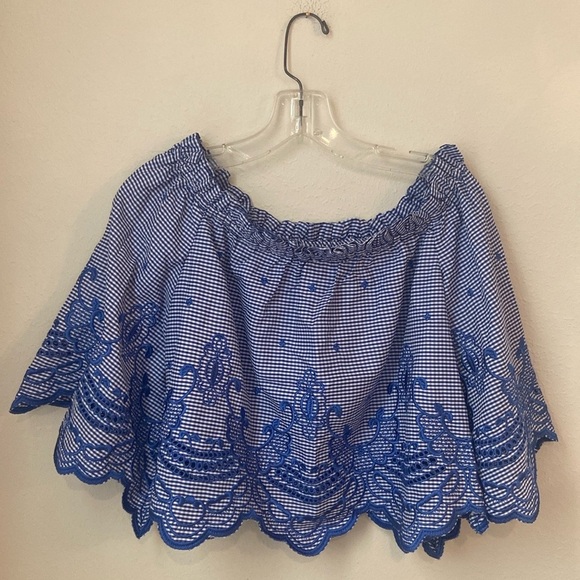 ALEXIS Blue/White Gingham Off Shoulder Embroidered Eilis Top - Picture 2 of 5